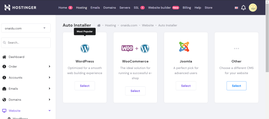 Install WordPress on hostinger.